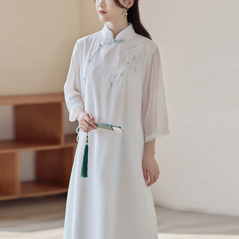 Buddha Stones Bamboo Cheongsam Dress Midi Dress Pantaloni a gamba larga Meditazione Spirituale Zen Pratica Abbigliamento - Abiti Cheongsam (solo abito) - US8-10, UK/AU12-14, EU40-42 (2XL) - image 11