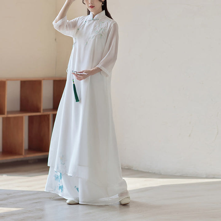 Buddha Stones Bamboo Cheongsam Dress Midi Dress Pantaloni a gamba larga Meditazione Spirituale Zen Pratica Abbigliamento - image 0