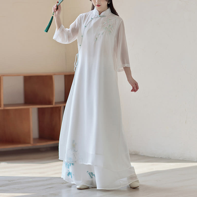 Buddha Stones Bamboo Cheongsam Dress Midi Dress Pantaloni a gamba larga Meditazione Spirituale Zen Pratica Abbigliamento - image 1