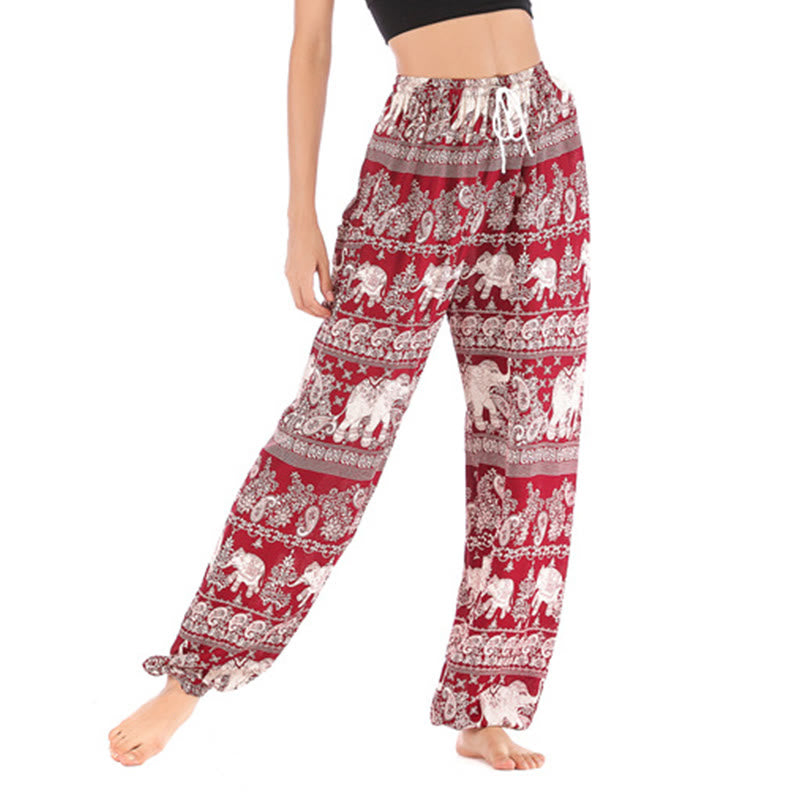 Pantaloni harem con motivo a elefante, stile boho, da yoga, da donna , Buddha Stones - Rosso - US2-8/10， UK/AU6-12/14，EU34-40/42 (F) - image 1