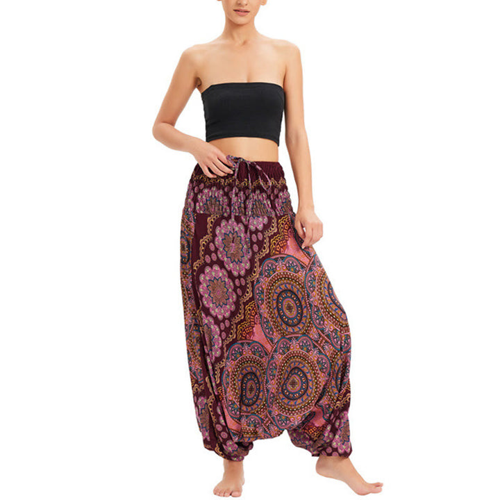 Pantaloni harem larghi con motivo a fiori mandala, pantaloni a vita alta, pantaloni da tuta, pantaloni da due stili Buddha Stones - Borgogna - US2-12， UK/AU6-16，EU34-44 (F) - image 13