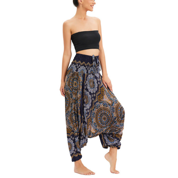 Pantaloni harem larghi con motivo a fiori mandala, pantaloni a vita alta, pantaloni da tuta, pantaloni da due stili Buddha Stones - Blu scuro - US2-12， UK/AU6-16，EU34-44 (F) - image 19