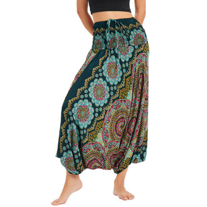 Pantaloni harem larghi con motivo a fiori mandala, pantaloni a vita alta, pantaloni da tuta, pantaloni da due stili Buddha Stones - Verde - US2-12， UK/AU6-16，EU34-44 (F) - image 0