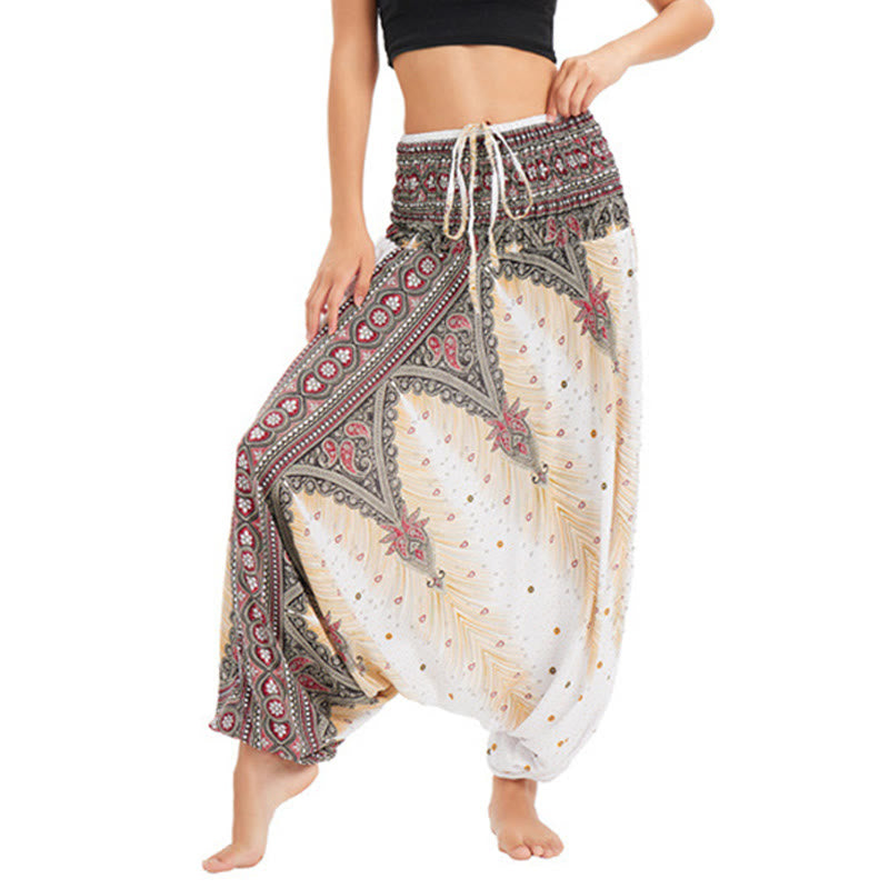 Pantaloni harem larghi e arricciati in piuma di pavone, pantaloni a vita alta, tuta, Buddha Stones Two Style - Beige - US2-12, UK/AU6-16, EU34-44 (F) - image 0