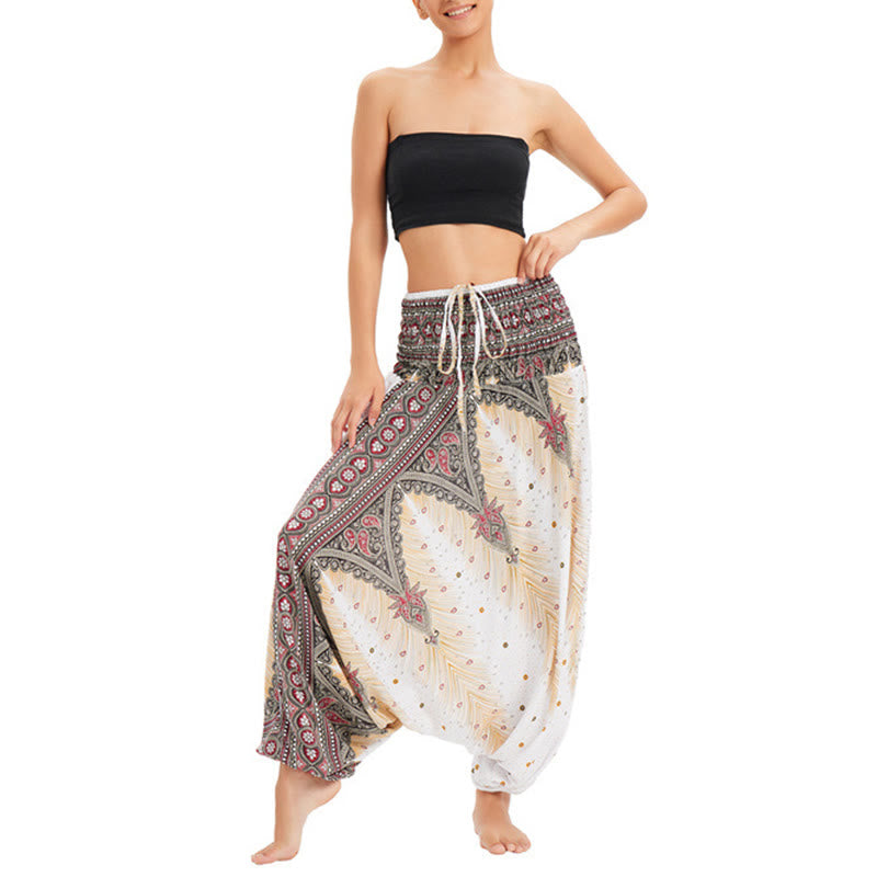 Pantaloni harem larghi e arricciati in piuma di pavone, pantaloni a vita alta, tuta, Buddha Stones Two Style - image 1