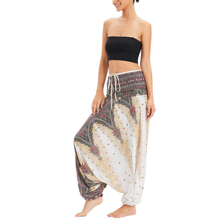Pantaloni harem larghi e arricciati in piuma di pavone, pantaloni a vita alta, tuta, Buddha Stones Two Style - image 2