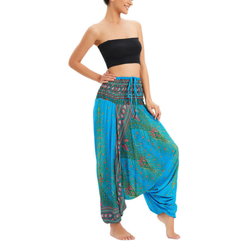Pantaloni harem larghi e arricciati in piuma di pavone, pantaloni a vita alta, tuta, Buddha Stones Two Style - Azzurro chiaro - US2-12, UK/AU6-16, EU34-44 (F) - image 7