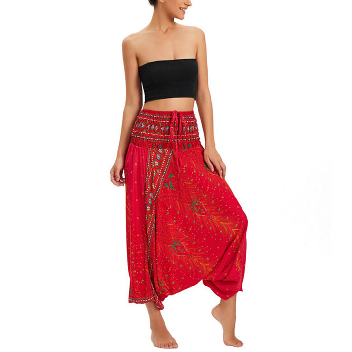 Pantaloni harem larghi e arricciati in piuma di pavone, pantaloni a vita alta, tuta, Buddha Stones Two Style - Rosso - US2-12， UK/AU6-16，EU34-44 (F) - image 19