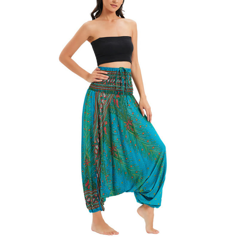 Pantaloni harem larghi e arricciati in piuma di pavone, pantaloni a vita alta, tuta, Buddha Stones Two Style - Blu - US2-12， UK/AU6-16，EU34-44 (F) - image 25