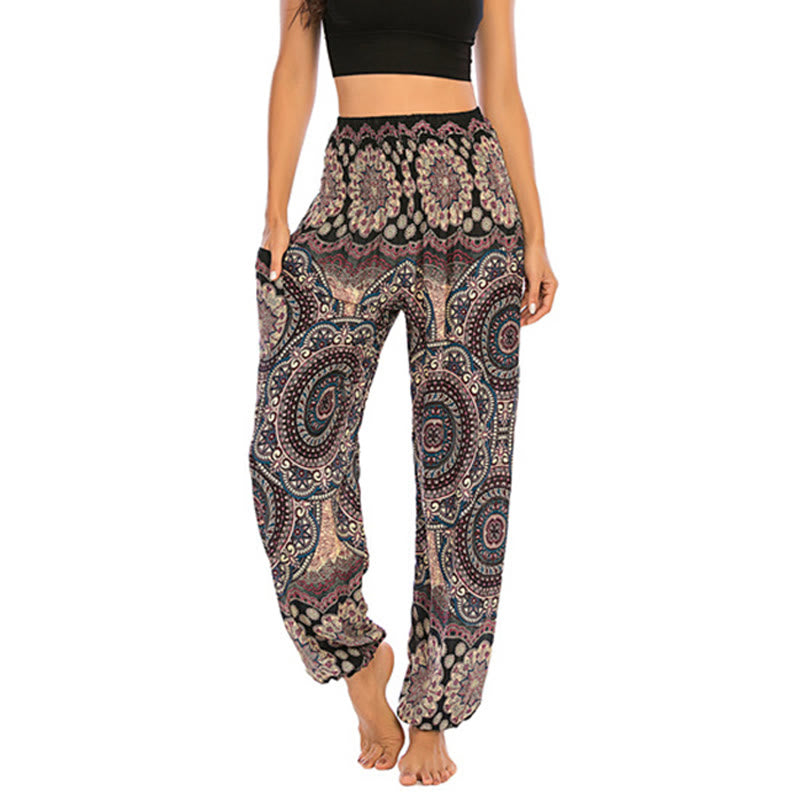 Pantaloni harem da yoga da donna con motivo geometrico rotondo e largo in stile boho Buddha Stones - Nero Beige - US2-8/10， UK/AU6-12/14，EU34-40/42 (F) - image 0
