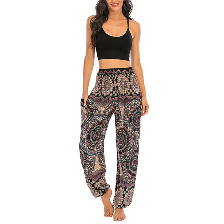 Pantaloni harem da yoga da donna con motivo geometrico rotondo e largo in stile boho Buddha Stones - image 6