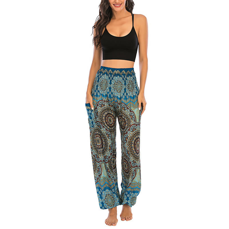 Pantaloni harem da yoga da donna con motivo geometrico rotondo e largo in stile boho Buddha Stones - image 36