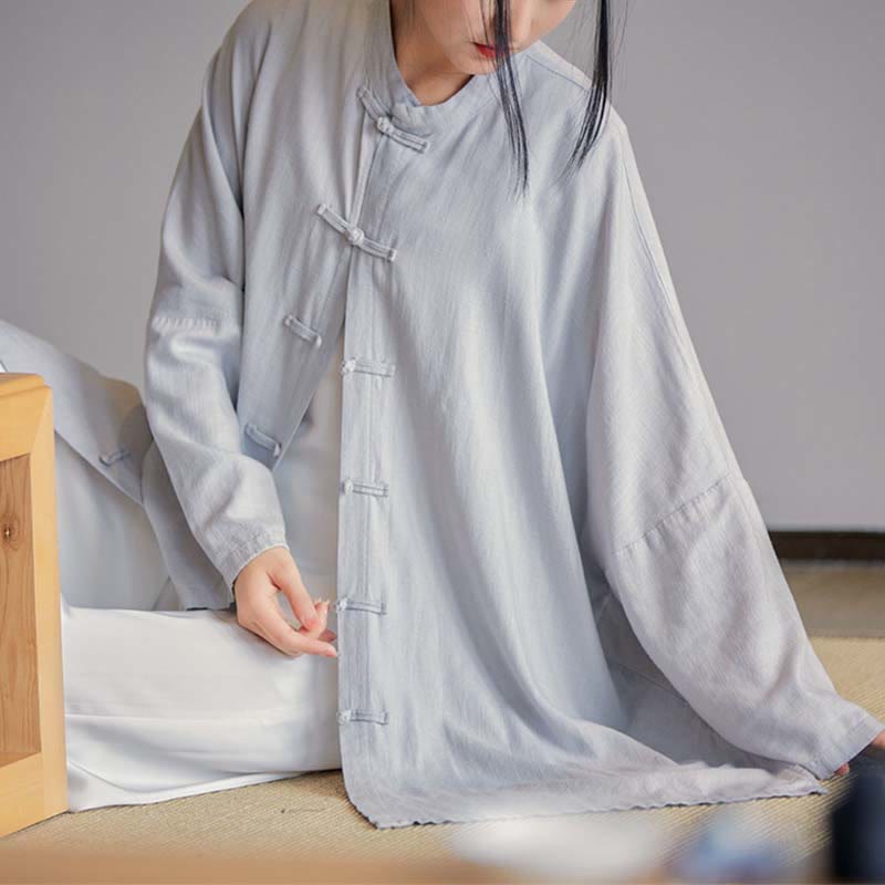 Buddha Stones Plain Frog-Bottone Design Camicia Zen Tai Chi Meditazione Top Abbigliamento Cotone Lino Giacca - Grigio (seno 150 cm) (solo parte superiore) - image 0