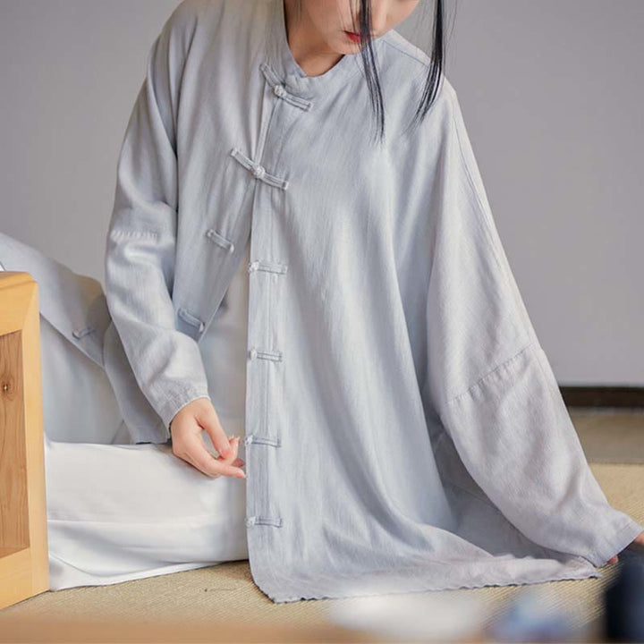Buddha Stones Plain Frog-Bottone Design Camicia Zen Tai Chi Meditazione Top Abbigliamento Cotone Lino Giacca - Grigio (seno 150 cm) (solo parte superiore) - image 0