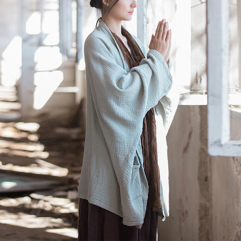 Cappotto a maniche lunghe con motivo semplice Buddha Stones Zen Meditazione Giacca in cotone con apertura frontale - Verde (seno 192 cm) (solo parte superiore) - image 0