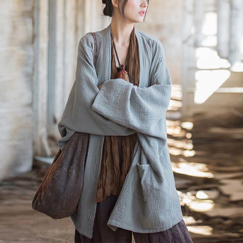 Cappotto a maniche lunghe con motivo semplice Buddha Stones Zen Meditazione Giacca in cotone con apertura frontale - Grigio (seno 192 cm) (solo parte superiore) - image 17
