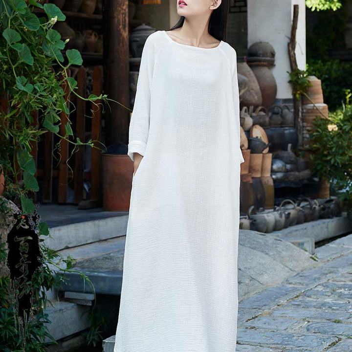 Abito midi semplice in cotone e lino con Buddha Stones , abito tunica Zen con tasche - Bianco (Busto 114 cm/Lunghezza 120 cm) (Solo abito) - image 21