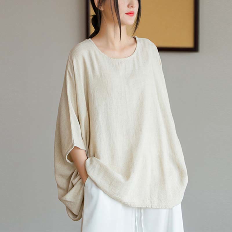 Maglietta larga a maniche tre quarti con motivo Buddha Stones tinta unita - Beige (seno 180 cm/lunghezza 64 cm) (solo parte superiore) - image 0