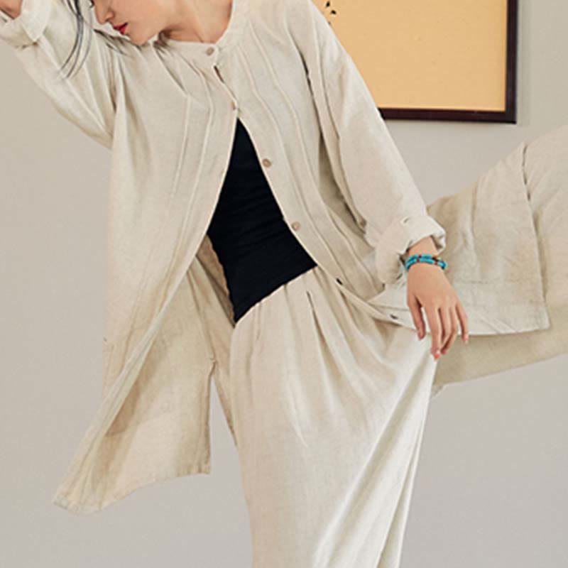 Buddha Stones Plain Long Sleeve Coat Jacket Top Pantaloni a gamba larga Zen Tai Chi Yoga Meditazione Abbigliamento - Beige - Solo cappotto - US4， UK/AU8，EU36-44 (F) - image 1