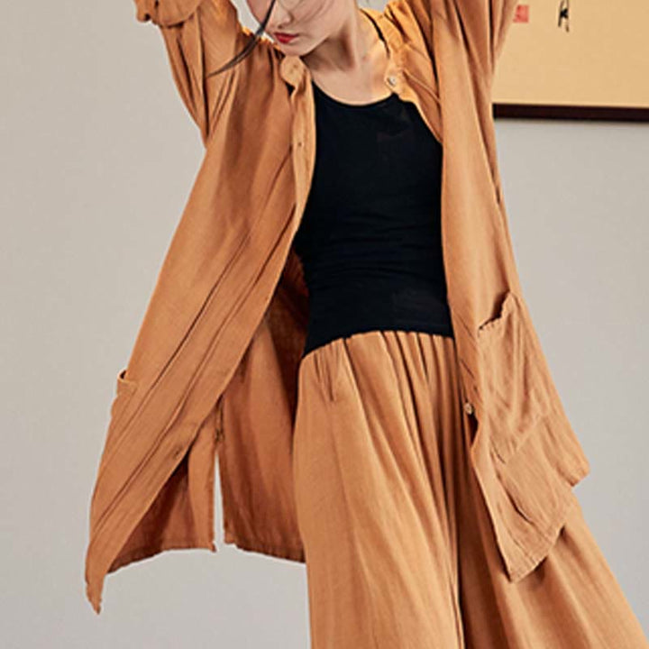 Buddha Stones Plain Long Sleeve Coat Jacket Top Pantaloni a gamba larga Zen Tai Chi Yoga Meditazione Abbigliamento - Giallo - Solo cappotto - US4， UK/AU8，EU36-44 (F) - image 23