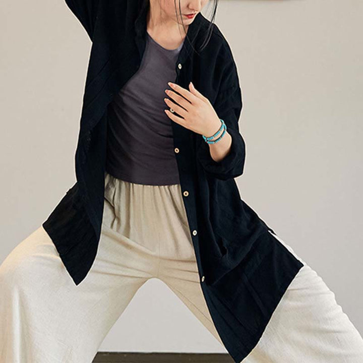 Buddha Stones Plain Long Sleeve Coat Jacket Top Pantaloni a gamba larga Zen Tai Chi Yoga Meditazione Abbigliamento - Nero - Solo cappotto - US4， UK/AU8，EU36-44 (F) - image 9