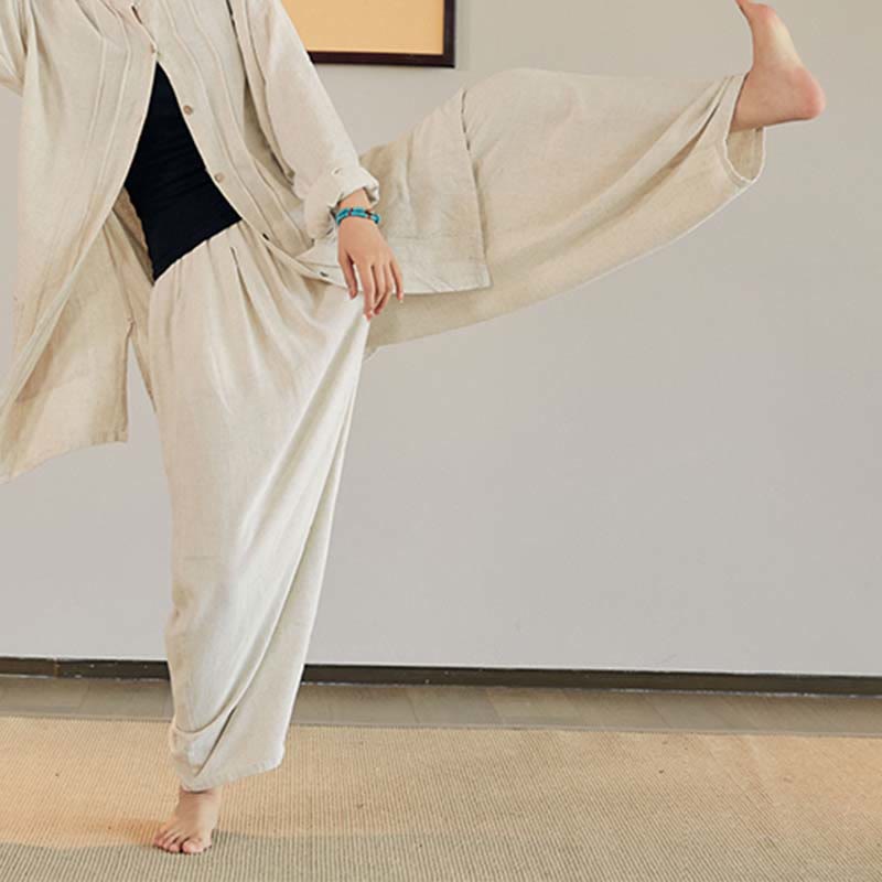 Buddha Stones Plain Long Sleeve Coat Jacket Top Pantaloni a gamba larga Zen Tai Chi Yoga Meditazione Abbigliamento - Beige - Solo pantaloni - US4， UK/AU8，EU36-44 (F) - image 2
