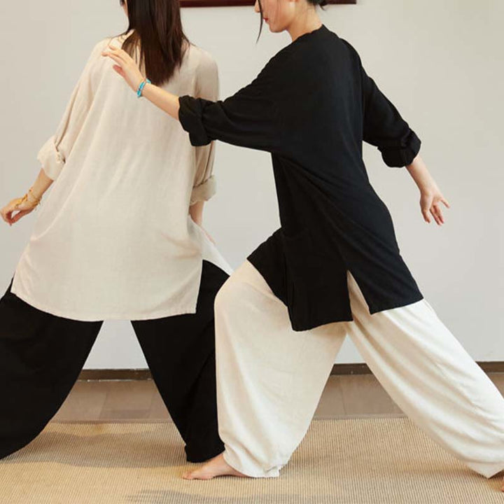 Buddha Stones Plain Long Sleeve Coat Jacket Top Pantaloni a gamba larga Zen Tai Chi Yoga Meditazione Abbigliamento - image 13