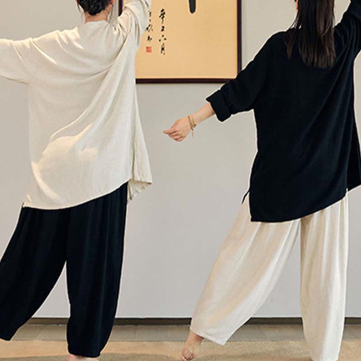Buddha Stones Plain Long Sleeve Coat Jacket Top Pantaloni a gamba larga Zen Tai Chi Yoga Meditazione Abbigliamento - image 12