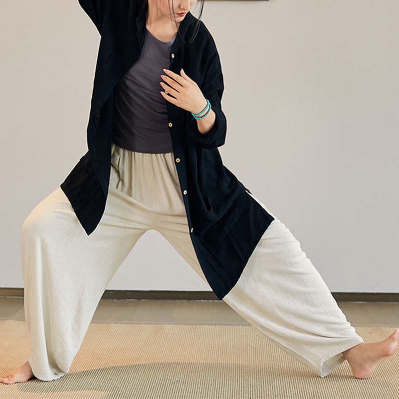 Buddha Stones Plain Long Sleeve Coat Jacket Top Pantaloni a gamba larga Zen Tai Chi Yoga Meditazione Abbigliamento - image 16