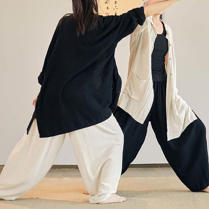 Buddha Stones Plain Long Sleeve Coat Jacket Top Pantaloni a gamba larga Zen Tai Chi Yoga Meditazione Abbigliamento - image 11
