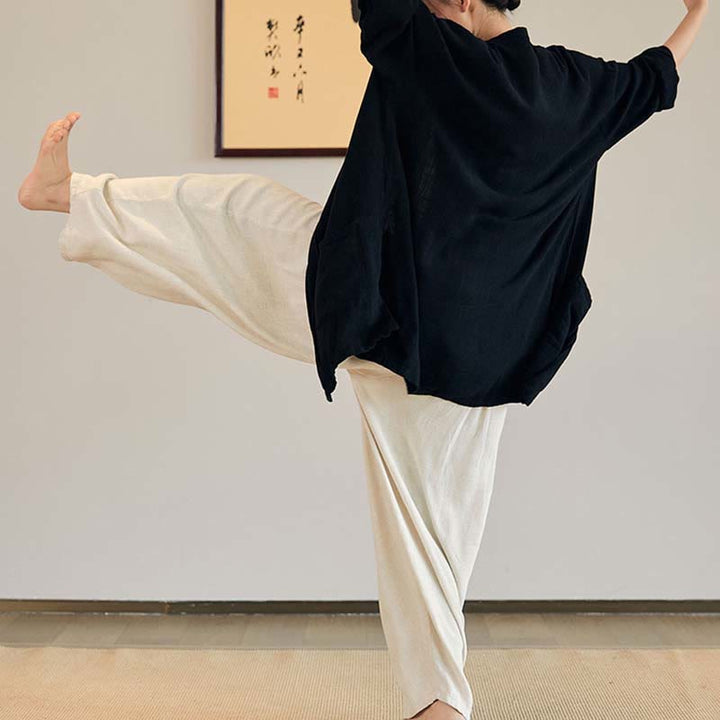 Buddha Stones Plain Long Sleeve Coat Jacket Top Pantaloni a gamba larga Zen Tai Chi Yoga Meditazione Abbigliamento - image 15