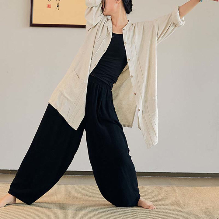 Buddha Stones Plain Long Sleeve Coat Jacket Top Pantaloni a gamba larga Zen Tai Chi Yoga Meditazione Abbigliamento - image 21