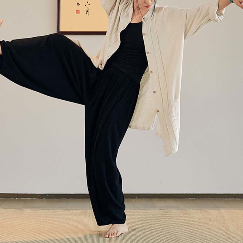 Buddha Stones Plain Long Sleeve Coat Jacket Top Pantaloni a gamba larga Zen Tai Chi Yoga Meditazione Abbigliamento - image 22