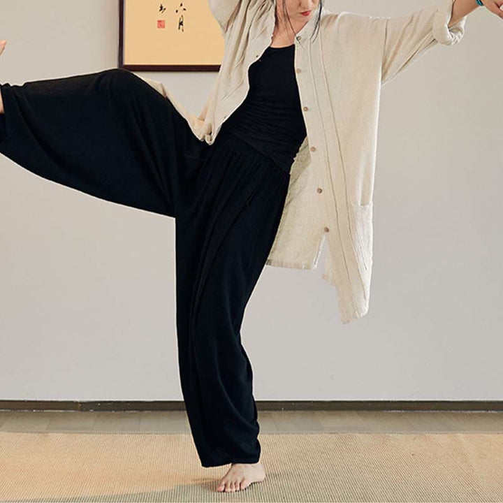 Buddha Stones Plain Long Sleeve Coat Jacket Top Pantaloni a gamba larga Zen Tai Chi Yoga Meditazione Abbigliamento - image 22