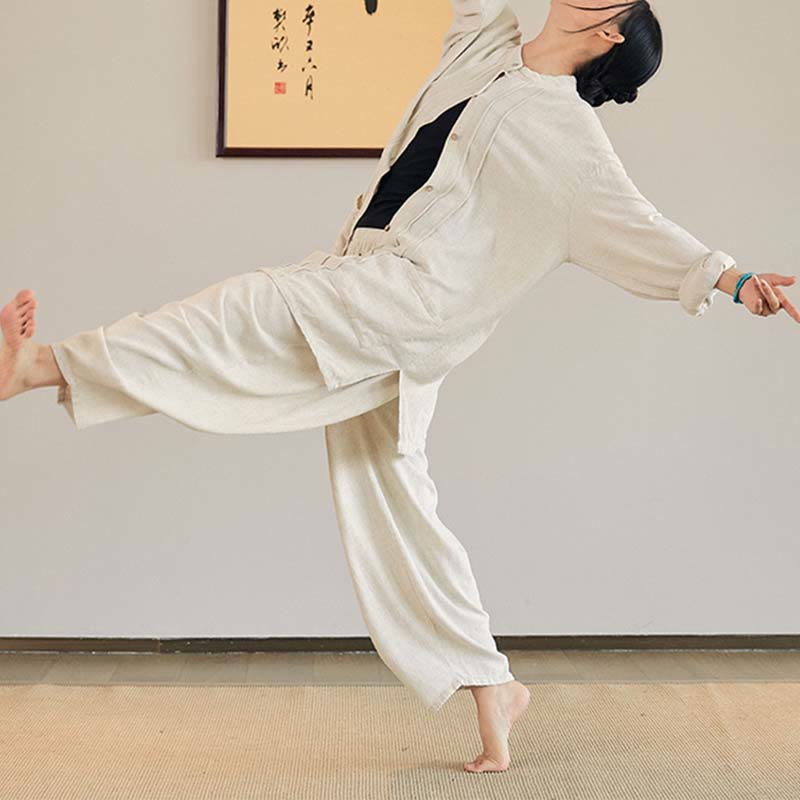 Buddha Stones Plain Long Sleeve Coat Jacket Top Pantaloni a gamba larga Zen Tai Chi Yoga Meditazione Abbigliamento - image 6