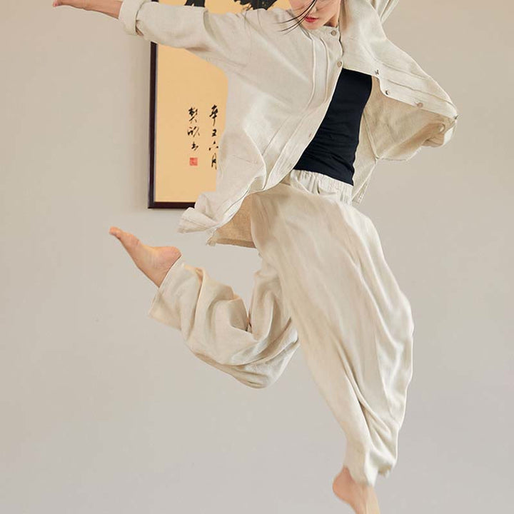 Buddha Stones Plain Long Sleeve Coat Jacket Top Pantaloni a gamba larga Zen Tai Chi Yoga Meditazione Abbigliamento - image 4