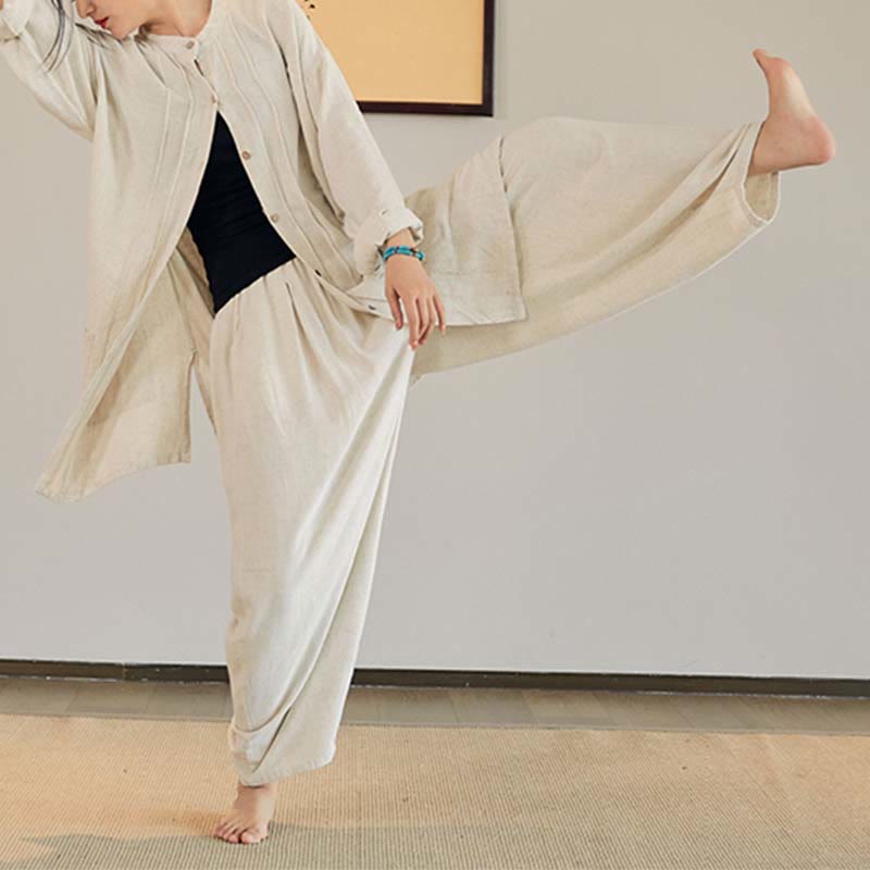 Buddha Stones Plain Long Sleeve Coat Jacket Top Pantaloni a gamba larga Zen Tai Chi Yoga Meditazione Abbigliamento - image 5