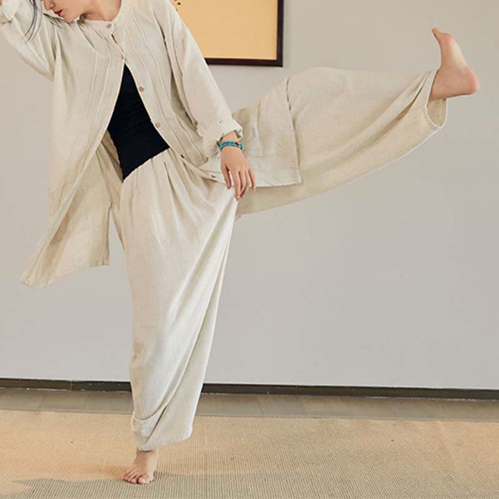 Buddha Stones Plain Long Sleeve Coat Jacket Top Pantaloni a gamba larga Zen Tai Chi Yoga Meditazione Abbigliamento - image 5