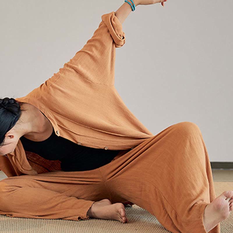 Buddha Stones Plain Long Sleeve Coat Jacket Top Pantaloni a gamba larga Zen Tai Chi Yoga Meditazione Abbigliamento - image 29