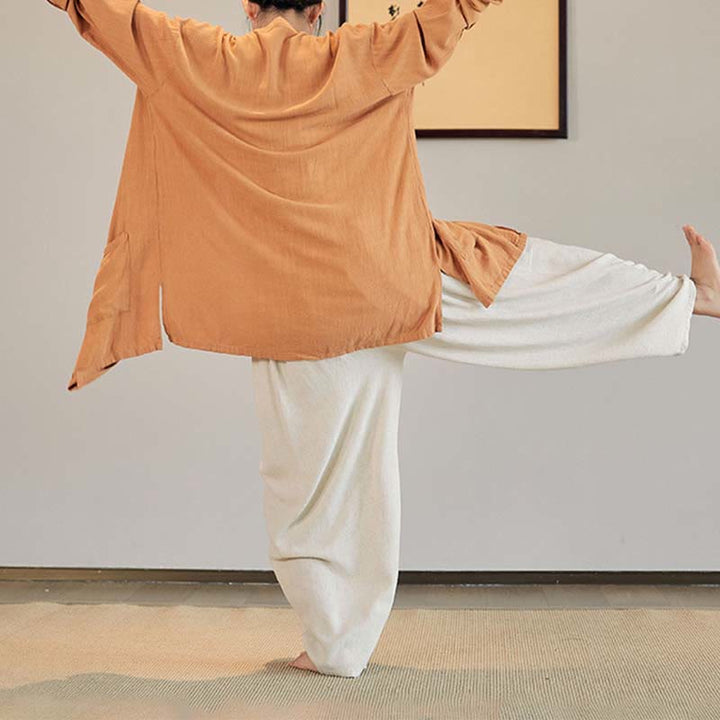Buddha Stones Plain Long Sleeve Coat Jacket Top Pantaloni a gamba larga Zen Tai Chi Yoga Meditazione Abbigliamento - image 32