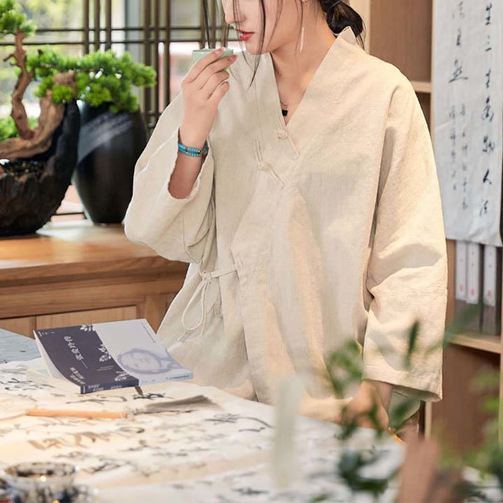 Cappotto a maniche lunghe con Buddha Stones e motivo Hanfu, meditazione Zen, giacca aperta sul davanti - Beige, US0-8/10, UK/AU4-12/14, EU32-40/42 (F) - image 16