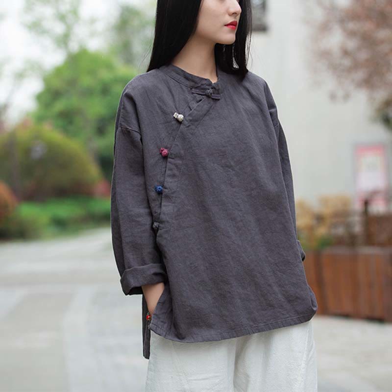 Camicetta in lino ramiè Buddha Stones Donna Camicia Top Abbigliamento in stile cinese Hanfu - Grigio (seno 120 cm) (solo parte superiore) - image 0