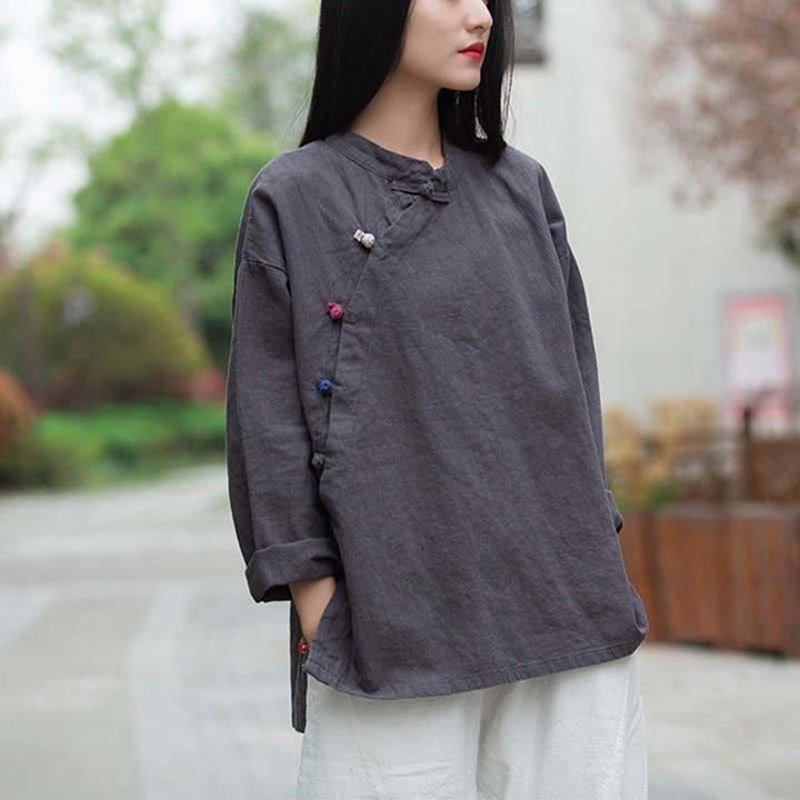 Camicetta in lino ramiè Buddha Stones Donna Camicia Top Abbigliamento in stile cinese Hanfu - Grigio (seno 120 cm) (solo parte superiore) - image 0