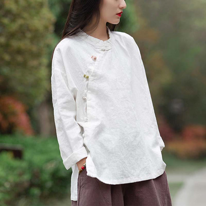 Camicetta in lino ramiè Buddha Stones Donna Camicia Top Abbigliamento in stile cinese Hanfu - Bianco (seno 120 cm) (solo parte superiore) - image 11