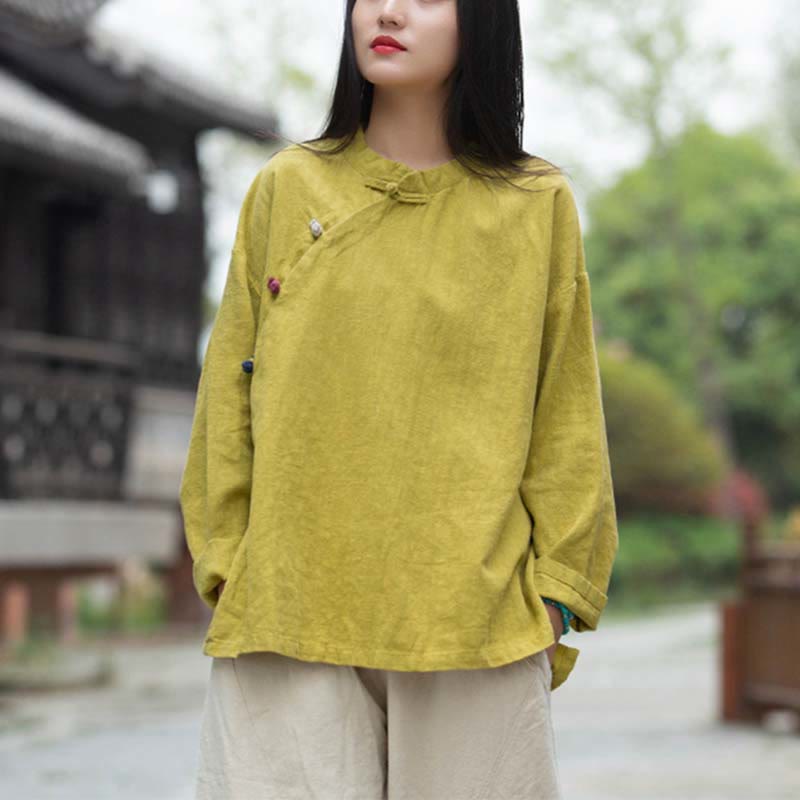 Camicetta in lino ramiè Buddha Stones Donna Camicia Top Abbigliamento in stile cinese Hanfu - Giallo (seno 120 cm) (solo parte superiore) - image 25