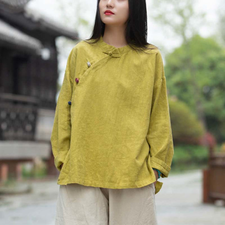 Camicetta in lino ramiè Buddha Stones Donna Camicia Top Abbigliamento in stile cinese Hanfu - Giallo (seno 120 cm) (solo parte superiore) - image 25