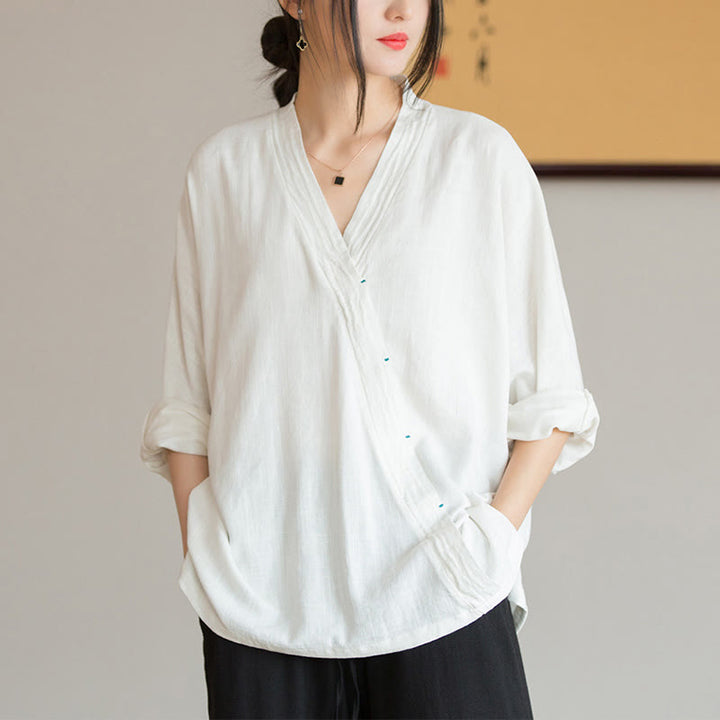 Camicetta con scollo a V Buddha Stones , camicia da donna, manica lunga, stile cinese Hanfu - Bianco (seno 128 cm) (solo parte superiore) - image 0