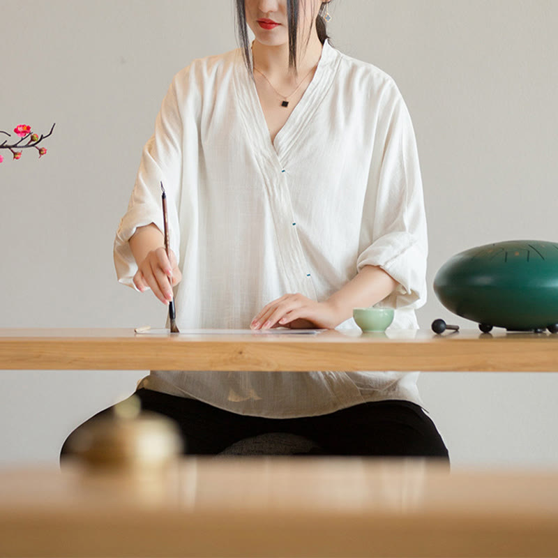 Camicetta con scollo a V Buddha Stones , camicia da donna, manica lunga, stile cinese Hanfu - image 8