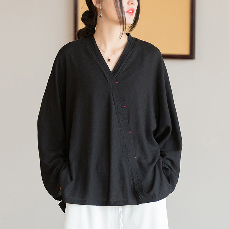 Camicetta con scollo a V Buddha Stones , camicia da donna, manica lunga, stile cinese Hanfu - Nero (seno 128 cm) (solo parte superiore) - image 13