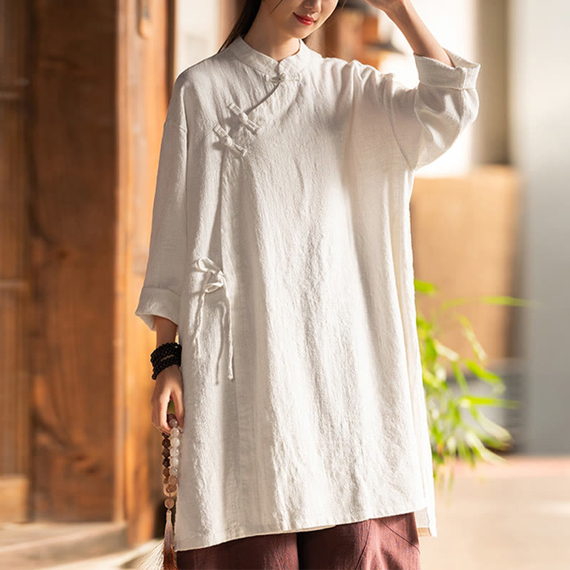 Camicetta da donna in cotone e lino vintage Buddha Stones, a maniche lunghe, cinese Hanfu - Beige (seno 130 cm) (solo parte superiore) - image 0